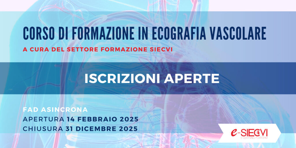 Sono aperte le iscrizioni all'edizione 2025 della FAD asincrona CORSO DI FORMAZIONE IN ECOGRAFIA VASCOLARE che si svolgerà dal 14 febbraio 2025 al 31 dicembre 2025!