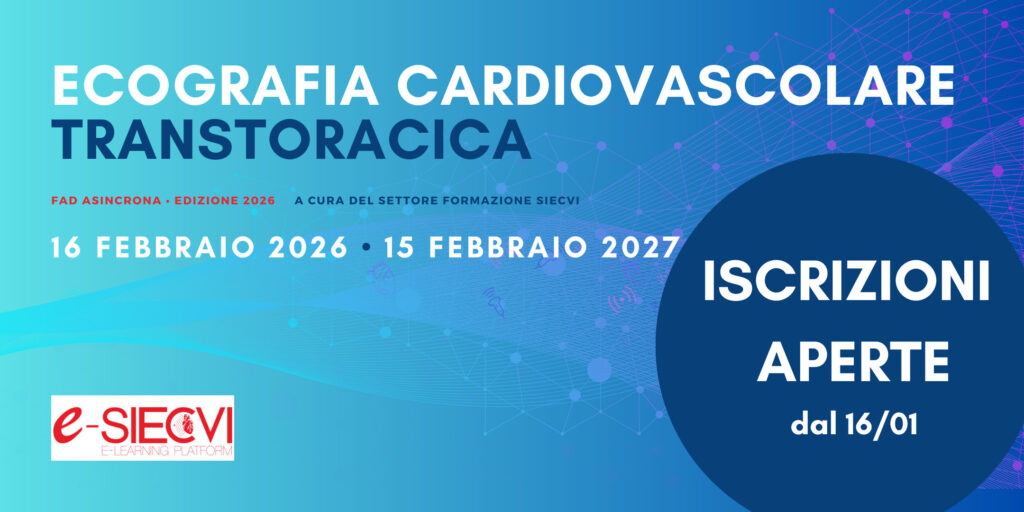 Sono aperte le iscrizioni all'edizione 2026 della FAD asincrona ECOGRAFIA CARDIOVASCOLARE TRANSTORACICA che si svolgerà dal 16 febbraio 2026 al 15 febbraio 2027!